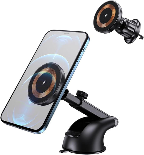 Car Mount Charger, Magnetic Wireless Auto Charger Quick Charge, Dashboard Windshield Phone Holder with Flexible Arm Suction Cup, 15W Quick Chargin...