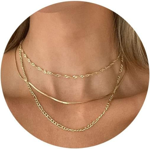 Herringbone Necklace For Women,14k Gold Plated Layered Gold Necklaces Dainty Gold Herringbone Necklace Chunky Thin Paperclip Snake Chain Choker Ne...