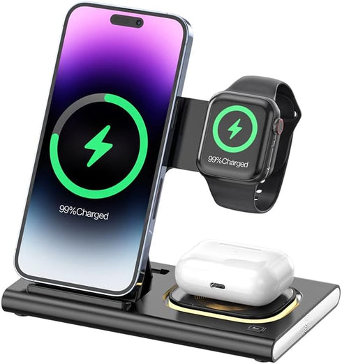 Wireless Charger 3-in-1 Fast Charging Stand Foldable Portable Travel Multi-Device Charging Station for iPhone 14 13 12 11 Pro Max Samsung Series A...