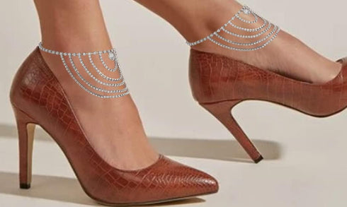 ELABEST Boho Rhinestone Ankle Bracelets 2pcs Crystal Tassel Anklet Layered Ankle Bracelets High-heeled Tennis Foot Chain Wedding Jewelry Accessori...
