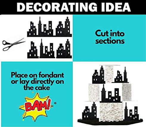 Scenic Theme Stick On/Lay On Cake Border Decoration Toppers (Super Hero Lighted City Backdrop)...