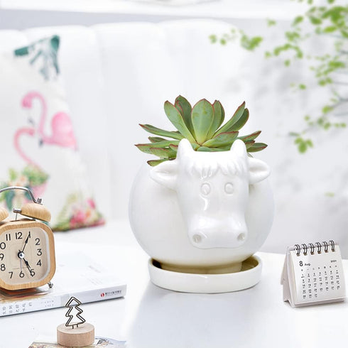 GeLive White Cow Ceramic Succulent Planter Tabletop Animal Plant Pot with Drainage Tray Indoor Cow Stuff Pen Pencil Brush Holder Desk Organizer De...