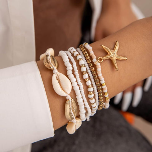 Pingyongchang Layered Shell Beaded Bracelets for Women Boho Seashell Beaded Gold Starfish Woven Bracelet Summer Beach Wind Starfish Rice Beads Bra...