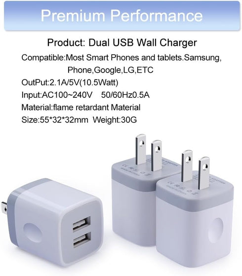 USB Wall Charger, Charging Adapter 3Pack 2.1A Dual Port USB Wall Charging Plug Block Head Box Travel Charger Cube Compatible iPhone 16 15 14 13 12...