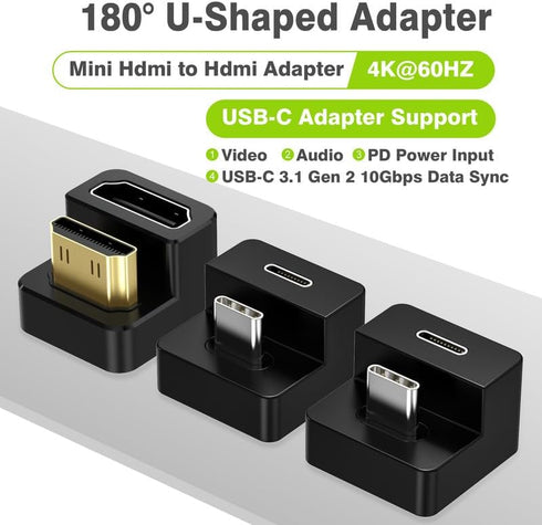 AGVEE 180 Degree Angled USB-C to USB-C Adapter and Long Side Inward U-Shaped Mini HDMI to HDMI Converter, HDMI 2.0 4k@60HZ, Coupler Extender Exten...