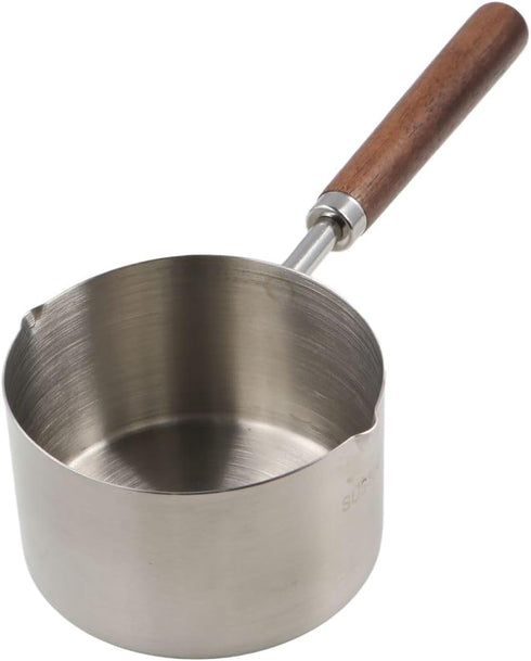 Small Milk Pot Stainless Steel Saucepan Wood Handle Saucepan 250ml Butter Warmer with Dual Pour Spout Candy Melting Pot Mini Frying Pan Soup Pot...