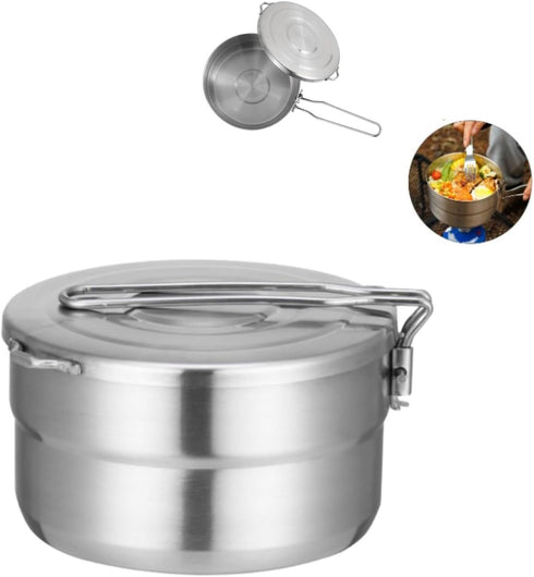 Stainless Steel Camping Cook Pot with Lid and Folding Handle Camping Cookware 1.5L Large Capacity Bento Pot for Camping, Hiking, Picnic...
