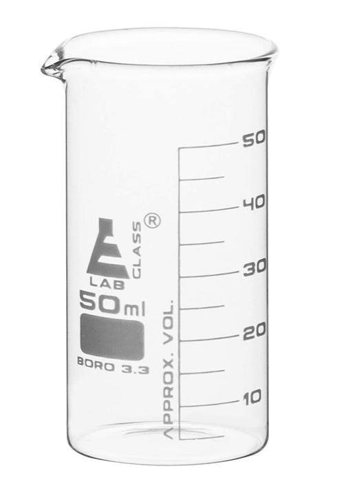 EISCO Beaker, 50ml - Tall Form with Spout - White, 5ml Graduations - Borosilicate 3.3 Glass...