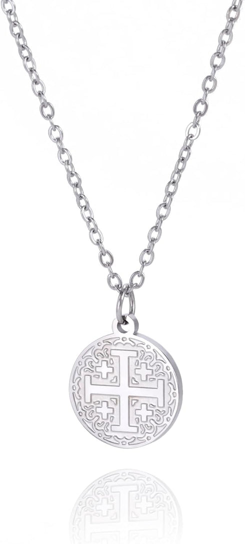 EUEAVAN Jerusalem Crusaders Cross Pendant Necklace Jerusalem Medallion Disc Greek Religious Medieval Jewelry Baptism Gift Women Men...