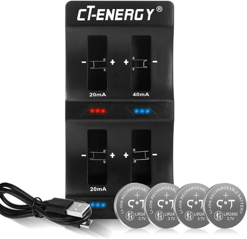 Rechargeable 2450 Battery Charger Kit,Coin Battery Charger with 3.7V High Capacity 120mAh Lir2450 Batteries 4 Pack...