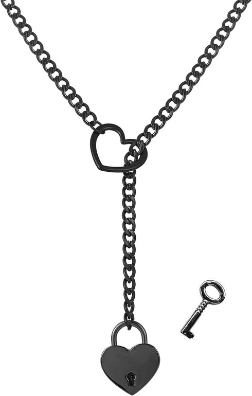 Heart O-ring Slip Chain Necklace For Women Y-Necklace Handmade Punk Gothic Cuban Necklace Adjustable Lariat Womens Heart O-Ring Slip Chain Choker ...