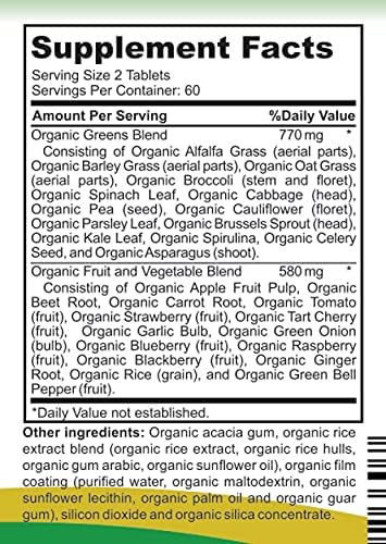 Organic Daily Greens with Organic Fruits & Organic Veggies - USDA Certified, Non-GMO, Vegan, Tablets. Superfoods On-The-Go. Immune Health, Antioxi...