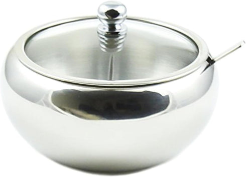 Zoie + Chloe Stainless Steel Sugar Bowl with Glass Lid - Bonus Spoon - 2 Cup Capacity (500ml)...