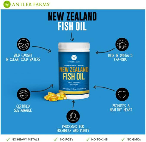 Antler Farms - 100% Pure Wild Caught New Zealand Fish Oil from Deep Ocean, Cold Water Fish, 120 Softgels - Clean, Fresh Omega-3 EPA + DHA Suppleme...