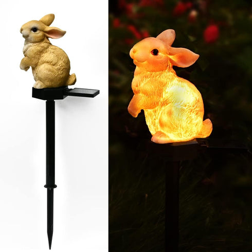 Rabbit Garden Ornaments Bunny Decor Solar Outdoor Statue Animal Lawn Yard Decorations Outside Stake Waterproof Patio Cute Brown Hare Figurines Lig...