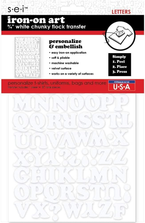 S.E.I 3/4-Inch Iron-on T-Shirt Letters, Chunky Letter Flock Heat Transfers, White...