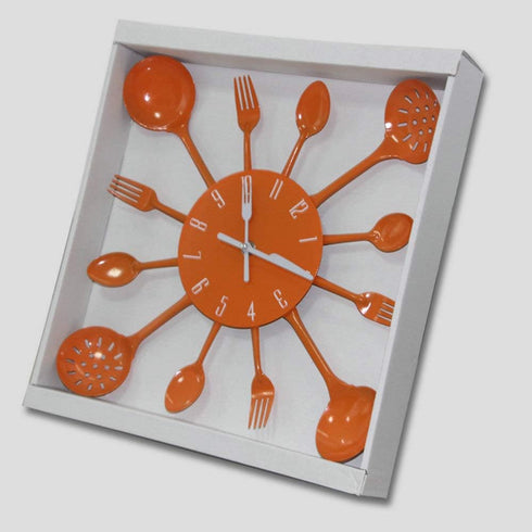 Timelike Wall Clock, 16" Metal Kitchen Cutlery Utensil Spoon Fork Wall Clock Creative Modern Home Decor Antique Style Wall Watch (Orange)...