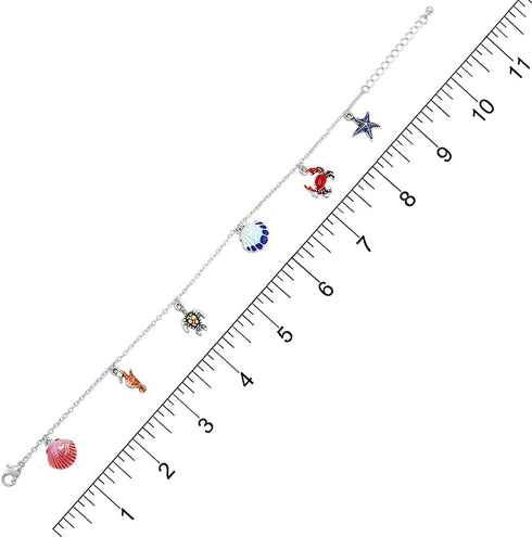 Rosemarie & Jubalee Women's Whimsical Ocean Themed Anklet With Enamel On Polished Silver Tone Charm Ankle Bracelet, 8.5"+2" Extender...