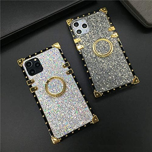 for Samsung Galaxy Z Flip 4 Bling Case,Luxury Bling Glitter Sparkle Cute Gold Square Corner Soft Trunk Cover with Finger Ring Grip Kickstand Phone...
