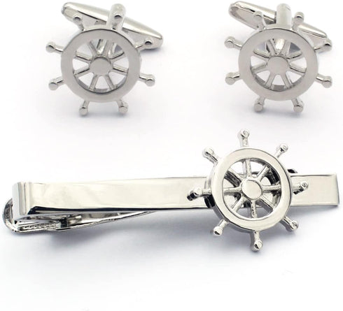 Rudder Fishing Navy Sailor Boat Sea Tie Clip and Cufflinks Set...