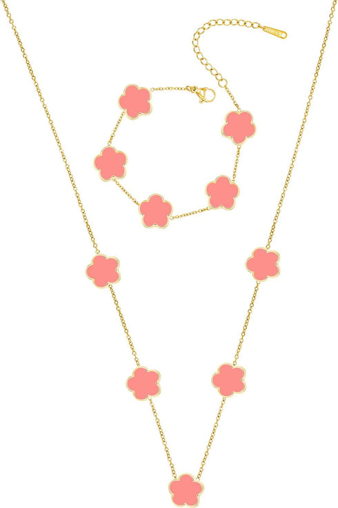 Gold Plated Stainless Steel Flower Bracelet and Necklace Jewelry Set for Women...