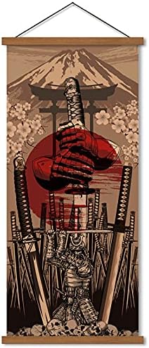 Japan Wall Art Armor Samurai Sword Poster Print On Canvas Skeleton Oriental Art Decoration Wood Framed To Hanging 16”X35”...