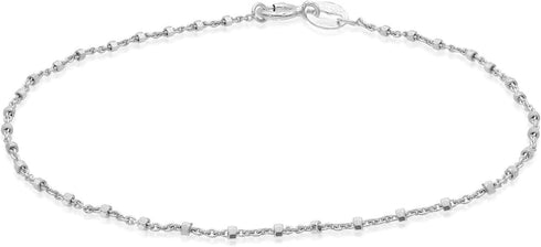 SEA OF ICE 925 Sterling Silver 1mm Diamond-Cut Alternate Bead Rolo Chain Anklet For Women, Size 9", 10" and 11"...