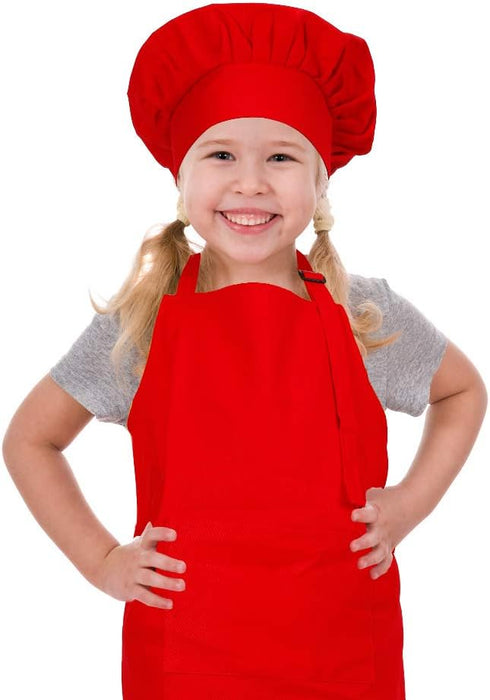 Kids Apron and Chef Hat Set, Adjustable Cotton Child Aprons with Large Pocket Red Girls Boys Kitchen Bib Aprons for Cooking Baking Painting...