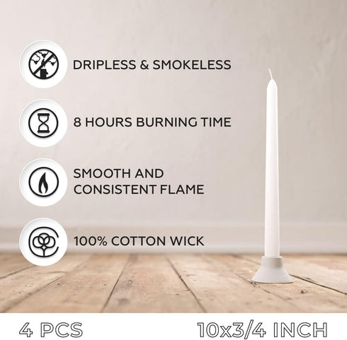 10 inch Taper Candle 4 Pack - Home Interior Long Burning Dripless and Smokeless Unscented Tapered Candles - 8-Hour Burning White...