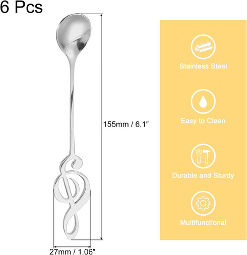 uxcell 6Pcs Stainless Steel Music Note Coffee Spoon Mini Tableware Dessert Spoons Stirring Mixing Spoon for Tea Coffee Cake, 6 Inch Silver...