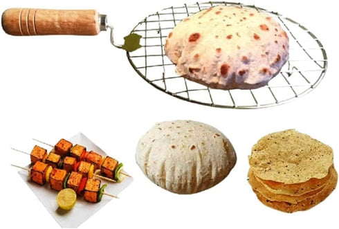 Steel Roasting Roti Jali Wooden Handle with Tong and Pincer Set Roaster,Cooking Rack,Papad Grill,Chapati Grill,Roaster,Food Tong (Round Jali with ...