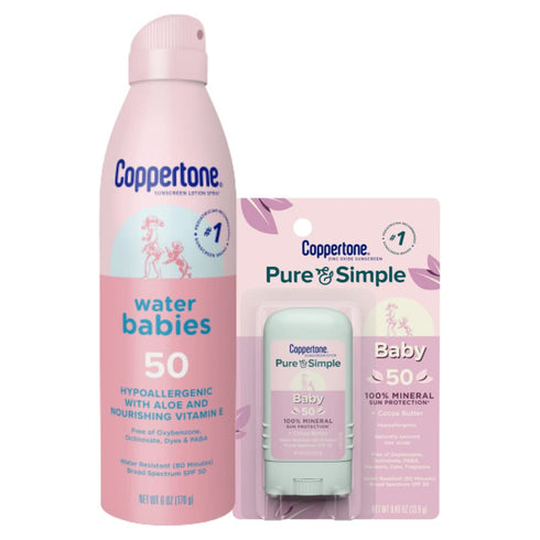 Coppertone Baby Sunscreen Pack, Coppertone WaterBabies SPF 50 Sunscreen Spray, 6 Oz Can + Coppertone Pure and Simple Baby Sunscreen Stick, Mineral...