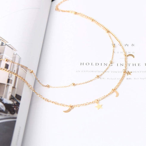Olbye Moon Star Necklace Layered Satellite Necklace Choker Double Chain Gold Necklace for Women and Girls...