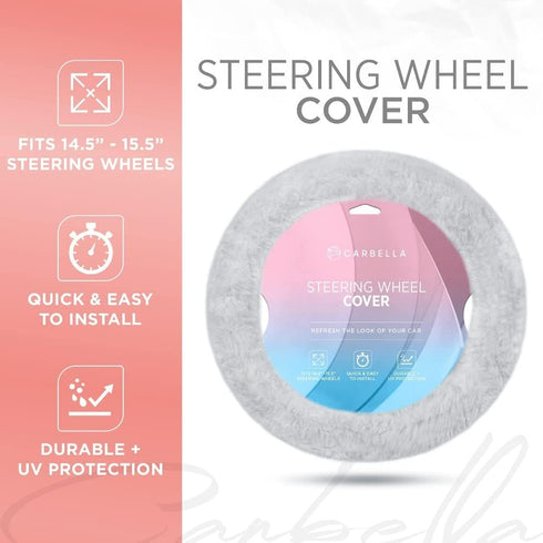 Gray Fuzzy Steering Wheel Cover, Standard 15 Inch Size Fits Most Vehicles, Cute Faux Fur Car Steering Cover with Soft Fluffy Furry Touch, Car Acce...
