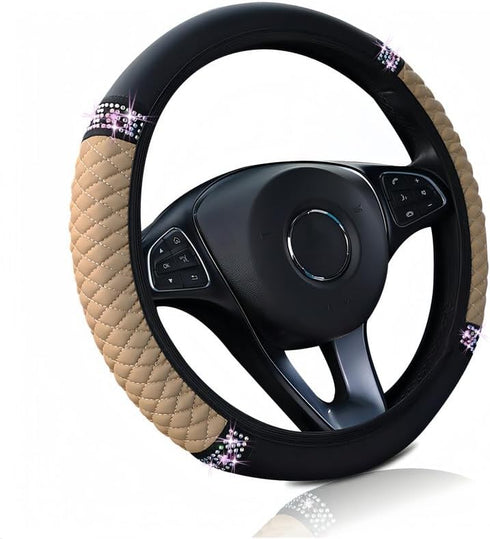 Bling Soft Leather Steering Wheel Cover, Rhinestone Auto Elastic 15 Inch Steering Wheel Protector, Sparkly Crystal Diamond for Women Girls, Car Ac...