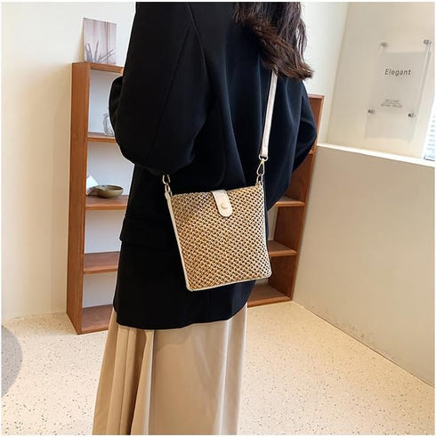 Women Small Faux Straw Bag Mini Woven Bucket Bag Summer Beach Bag Fashion Crossbody Bag Shoulder Bag Handbag...