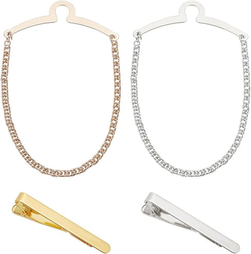 FINGERINSPIRE 4 Pack Men for Tie Chain Classic Platinum & Golden Tie Clips Link Chain Set Men's Noble Necktie Tie Chain With Collar Tie Clasps for...