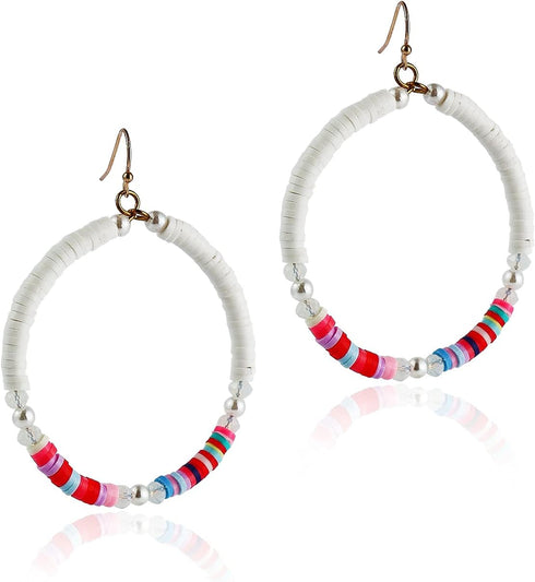 4pairs Boho Surfer Heishi Beaded Round Drop Dangle Earrings Set African Vinyl Disc Colorful Hoop Summer Lightweight Handmade Bohemian Beach Jewelr...
