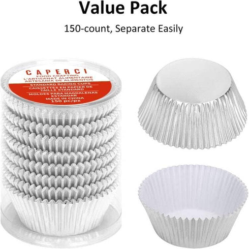 Caperci Silver Foil Cupcake Muffin Liners Standard Size Baking Cups 150-Pack - Premium Greaseproof & Sturdy...