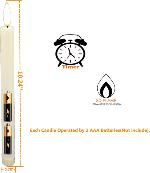 3D Black Wick Led Battery Operated Flameless Taper Candles Light with Timer, Electric Fake Window Candle Flickering Like Real Wax, Flameless Ivory...