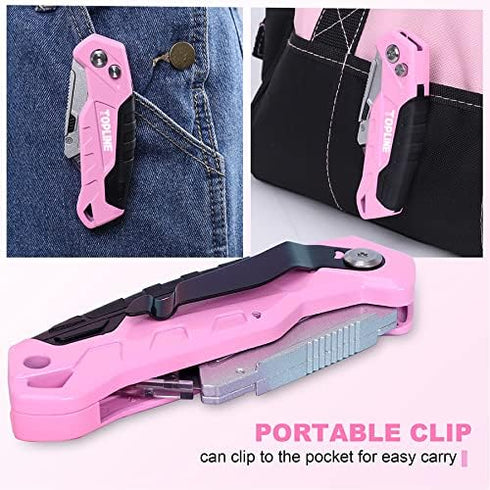 TOPLINE 2-Pack Pink Utility Knife Set, Retractable Pink Box Cutter and Pocket Folding Utility Knife, Blade Storage Design, 18-Piece SK5 Blades and...
