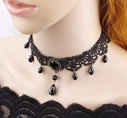 Victorian Lace Beads Flower Choker Necklace Bracelet Gothic Lolita Bohemican Style Jewelry for Women-1 Pc Black...