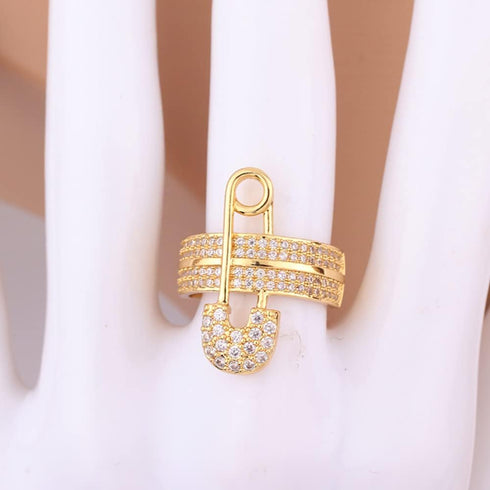 NewZenro Wide Flat CZ Safety Pin Chunky Open Rings Fashion Cubic Zirconia Paved Expandable Engagement Promise Statement Band Rings 14k Gold Plated...