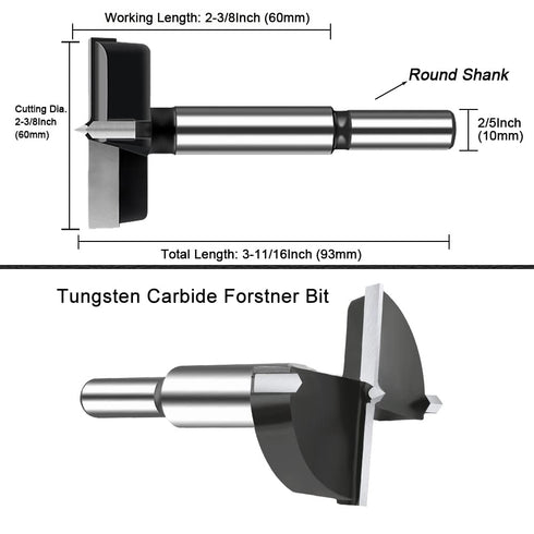 2-3/8 Inch Carbide Forstner Drill Bit, Carbide Tipped Forstner Bit for Hard Wood, Wood Drilling Bit Woodworking Hinge Cutter Tool Kits for Wood Pl...