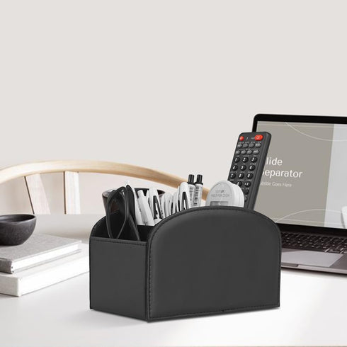 Remote Control Holder Organizer Table Desk Leather Control Storage TV Remote Control Organizer with 4 Spacious Compartments (Black 1)...