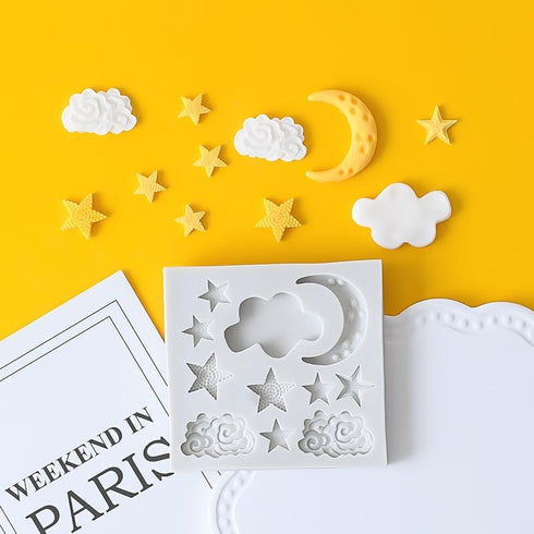 1Pc Star Moon Clouds Shaped Silicone Fondant Molds, Candy Chocolate Molds for DIY Cake Fondant Cookie Cloud Fondant Mold Moon For Candy Baking Sug...