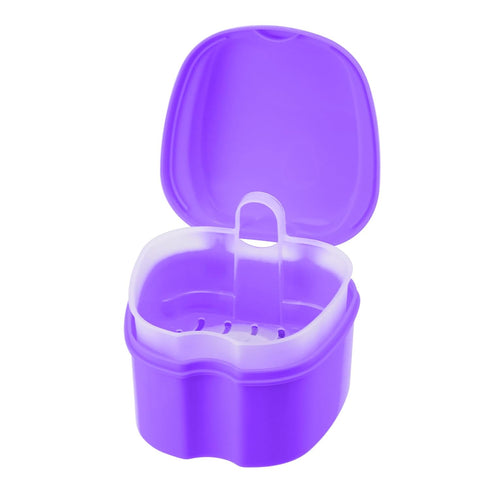 Denture Soaking Cup Dental Retainer Case Cleaning with Strainer Basket, Orthodontic Bath Box Mouthguard Storage Holder - Purple...