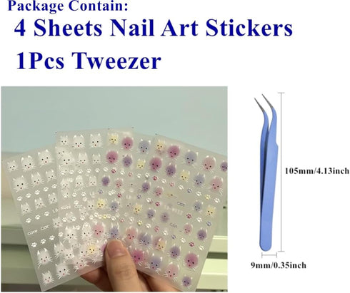 5D Embossed Nail Stickers with Tweezer,4 Sheets Nail Art Stickers Self-Adhesive Cute Cat Pattern Nail Stickers for Acrylic Nails Supplies for Wome...