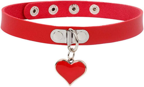 PU Leather Choker Necklace Heart-Shape Punk Goth O Ring and Love Heart Choker Collar Chain for Women (Red)...