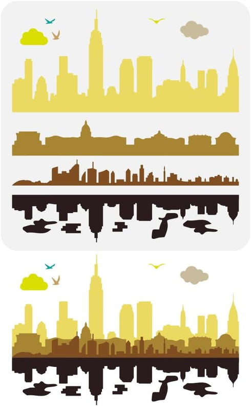 FINGERINSPIRE City Landscape Stencil for Painting 11.8x11.8 inch Large Clouds Birds Drawing Template Plastic PET City Reflection Stencil Buildings...
